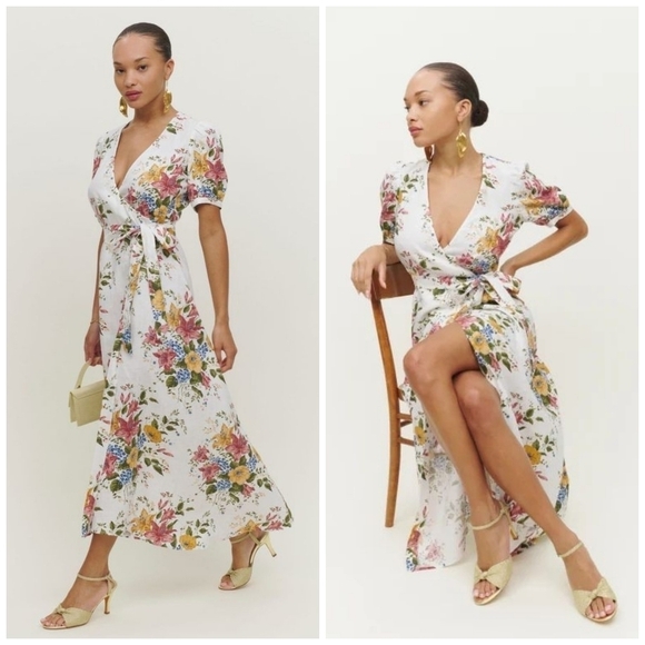 Reformation Weiss Linen Wrap Floral Print Dress - Picture 1 of 8